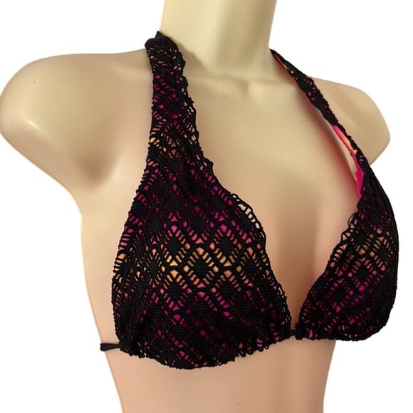Joe Boxer Black Lace String Bikini Top Juniors Size M Crocheted Summer Swim - Picture 2 of 5